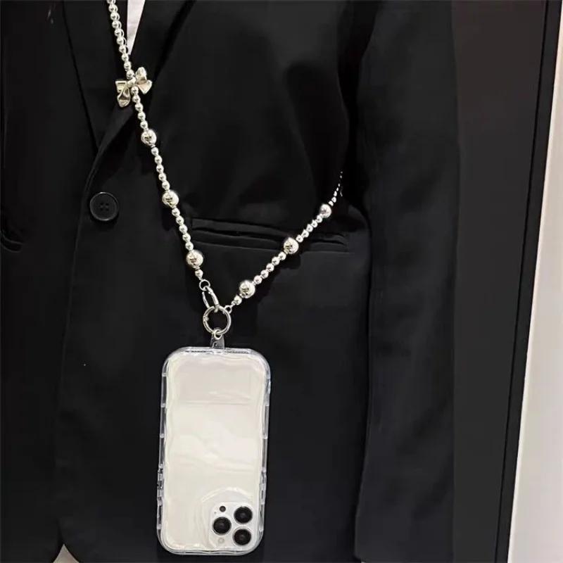 Silver bow love phone chain handmade bead hanging chain crossbody can be carried with hanging rope backpack with wrist strap