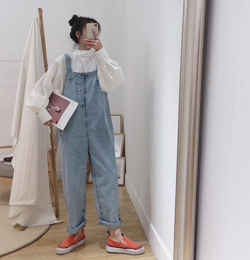 Корейский уличный джинсовый комбинезон для женщин, свободные милые комбинезоны, повседневные модные комбинезоны для девочек, макси, синие джинсы, комбинезоны
