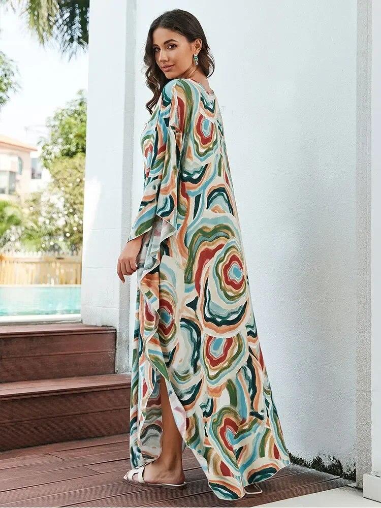 EDOLYNSA Кафтан больших размеров с богемным принтом, летнее длинное пляжное платье, женская домашняя одежда, купальный костюм, накидка, свободный кафтан