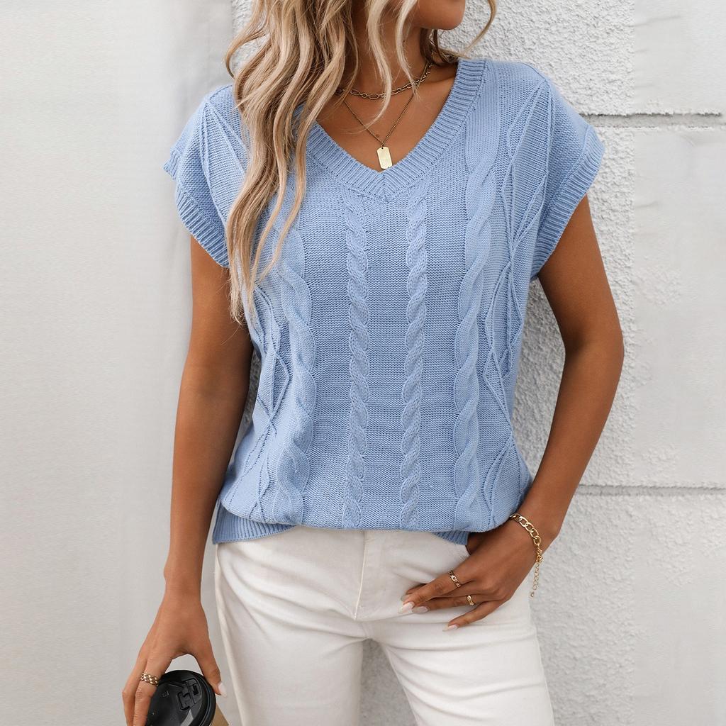 Women's Fashionable Solid Color V Neck Short Sleeved Pullover T-shirt Top