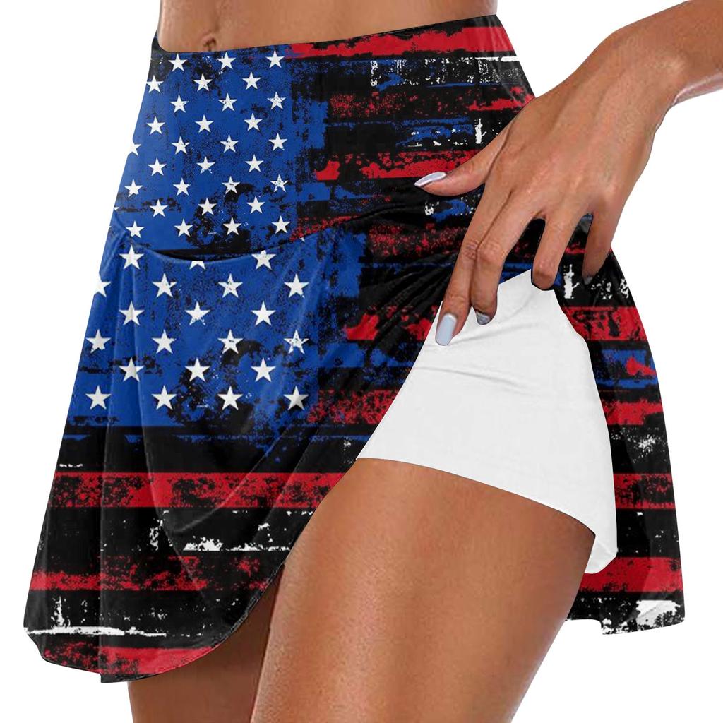 Women's Summer Casual Sports Fitness Running Yoga Tennis Skirt Independence Day Printed Pleated Skirt Shorts