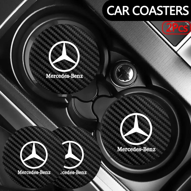 FCM5 2Pcs Carbon Fiber Texture Car Water Cup Coasters Anti-Slip Waterproof For Mercedes Benz C E S Class GLC GLB GLE GLS W212 sticker
