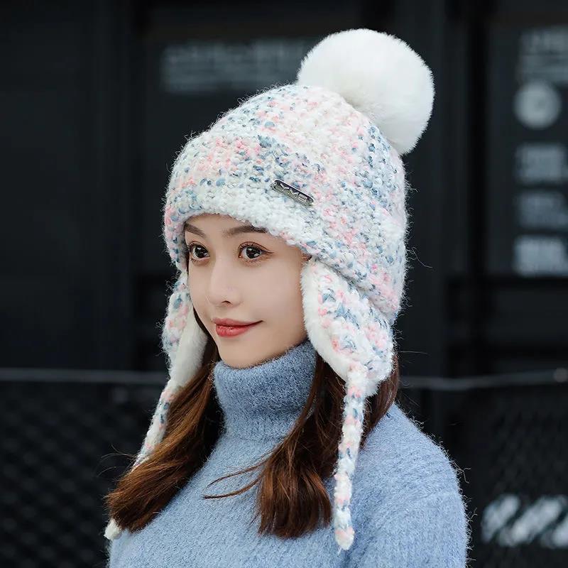 Шерстяная шапка женская зимняя, теплая и для отдыха, плюс бархатные толстые наушники. Милая и универсальная морозостойкая вязаная шапка для езды на велосипеде Lei Feng.