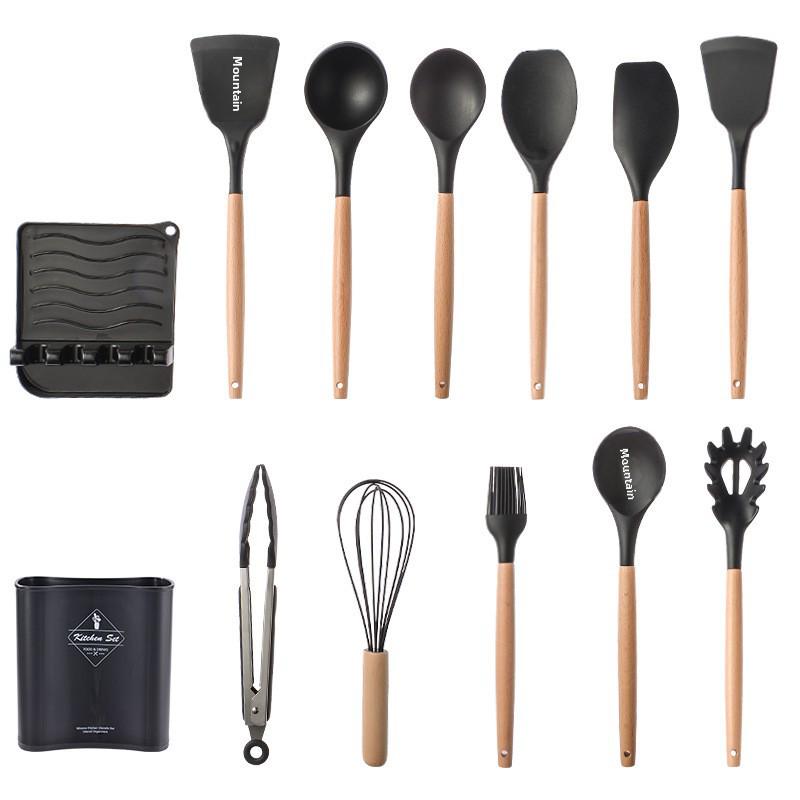 Набор из 12 сковородок с антипригарным покрытием и деревянными ручками: Включает кастрюлю, лопатку, ложку для супа и лопатку для жарки - Силиконовые кухонные принадлежности