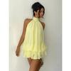 Women's Sexy Halter Neck Backless Mini Dress Lemon Yellow Chiffon Ruffled Tiered Tie Waist Sleeveless Vacation Party Dress