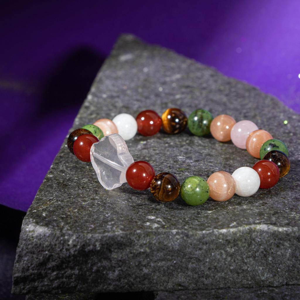 Браслет Близнецы Лунный камень, Солнечный камень, Тигровый глаз, Красный агат, Розовый кварц, Нефрит