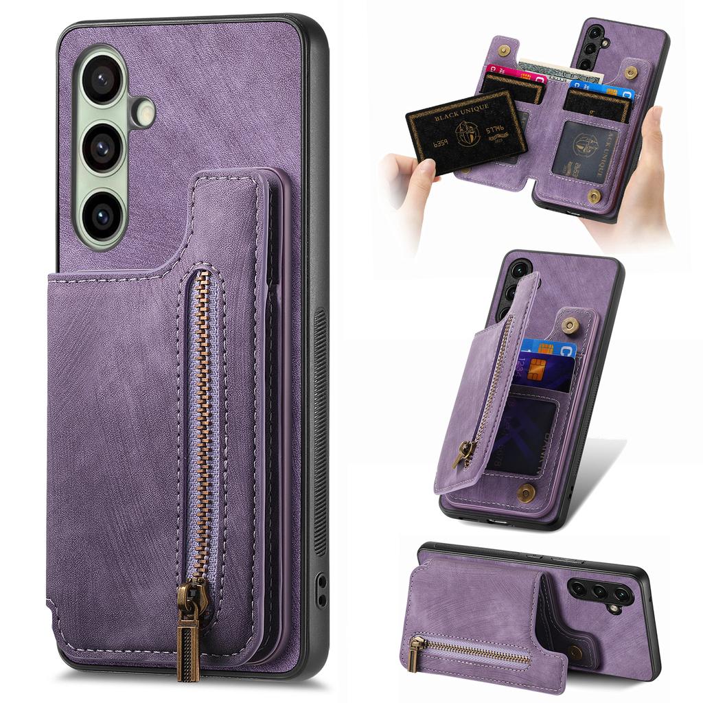 For Samsung Galaxy S25+ Case with Zipper Card Holder Retro Leather TPU Phone Cover