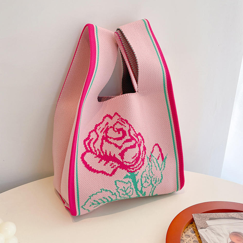 FASHION Women'S Knot Wrist Bag Handmade Knitted Bag Portable Mini Striped Tote Bucket Phone Bags Large Capacity Autumn Winter Handbags