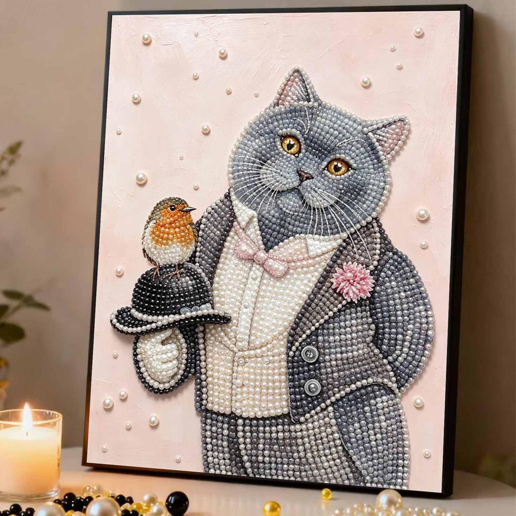 Расслабляющий DIY набор для рисования жемчугом в рамке с дизайном стильного кота и птицы, 5D сверкающий холст с бусинами, поделка для декора детской комнаты, подарок