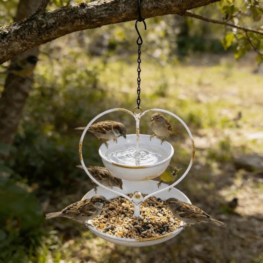 Large Capacity Bird Feeding Station Double-layer Bird Food Container Heart Iron Bird Feeder Patio