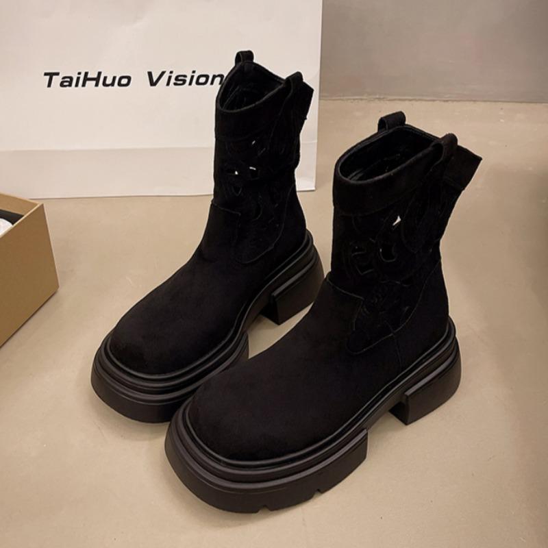 2024 Новые осенние женские удобные короткие ботинки на толстой подошве, женские полые модные ботинки с высоким каблуком и рукавами