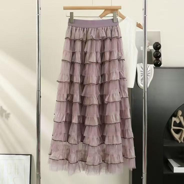 Women's Fluffy Mesh A-Line Skirt: Sweet Mid-Length for Autumn & Winter
