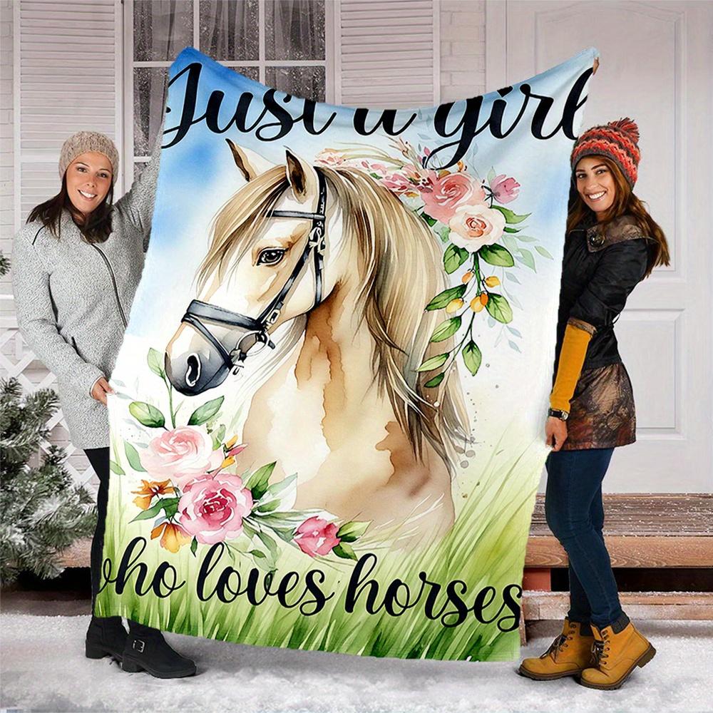 1pc Horse, Flowers, Girl Digital Printed Flannel Blanket, Super Soft Plush Fleece Bed Cover, Multipurpose Four Season Blanket for Sofa, Bed,