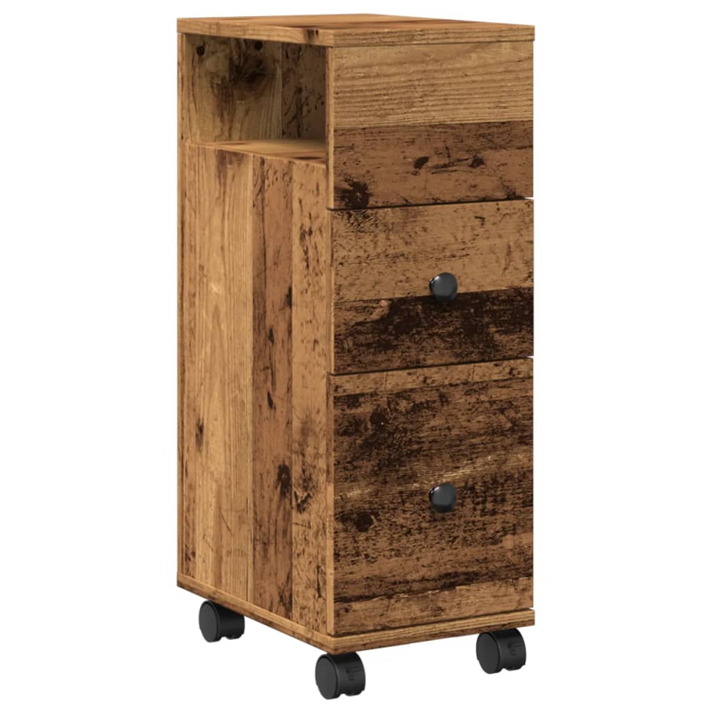 Narrow Bathroom Cabinet with Casters Vintage Wood Look Particleboard