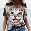 Summer V-neck 3D Cat Printed Top Fashionable Casual Short Sleeved Women's T-shirts