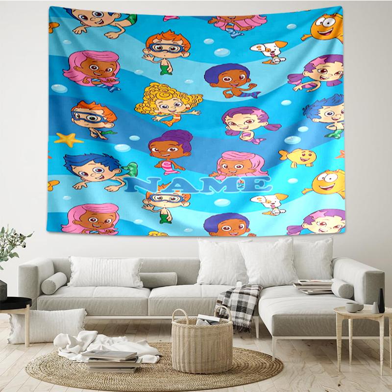 Custom Name Bubble Guppies Print Tapestry, Backdrop, Easy Setup, Ideal for Bedroom, Office & Living Room, with Aesthetic Wall Hanging Decor.