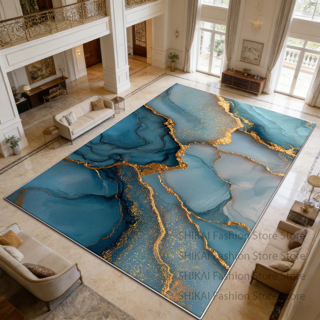 Blue Gold Marble Style Large Living Room Carpet Decoration Home Antiskid Fluffy Luxury Rug Easy Clean Short Velvet Floor Mats