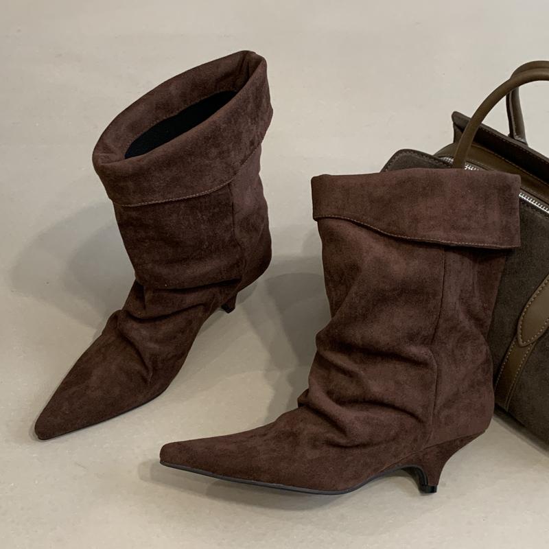 Modă Eilyken Iarnă Vintage Margine Întoarsă Botine Glezna Femei Designer Vârf Ascuțit Toc Subțire Mic Pantofi Scurți Botas Zapatos De Mujer