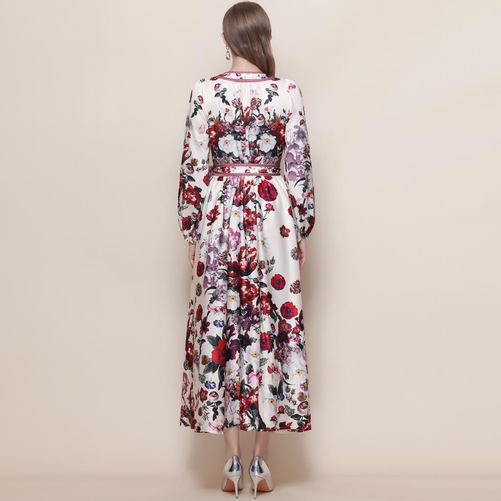 Весенние Винтажные Цветочные Макси-Платья для Женщин Подиумные Скрещенный V-образный Вырез Длинный Рукав-Фонарик Пояса Пляжное Праздничное Платье Бохо Халат