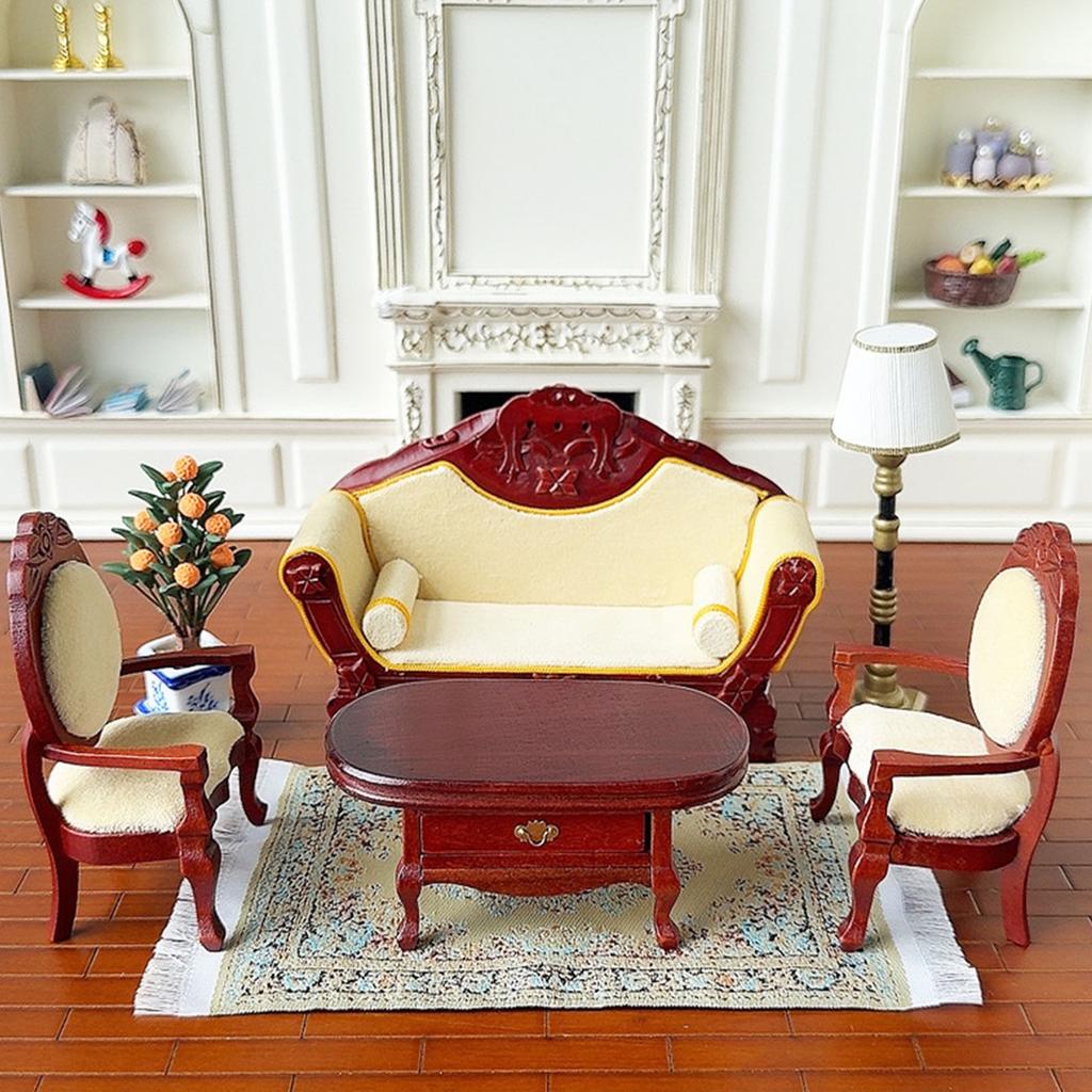 1:Миниатюрный кукольный домик в масштабе 1:12, набор для гостиной из красного дерева: диван, кресло, журнальный столик для реалистичной экспозиции