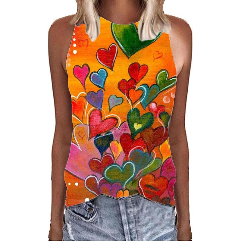 Graffiti Colorful Love Hearts 3D Print Tank Tops Summer Women O-Neck Vest Off Shoulder Y2k Sleeveless Camisole Woman Clothing