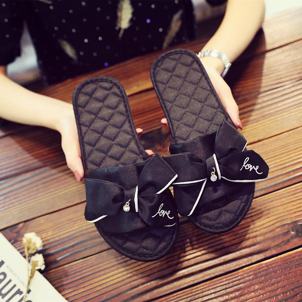 Elegant Korean Silk Bow Slippers - Handmade Satin Flats for Women
