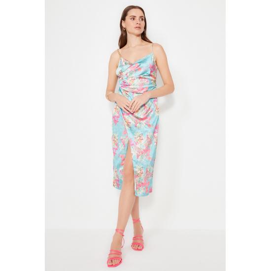 Multi Colored Floral Printed Satin Dress