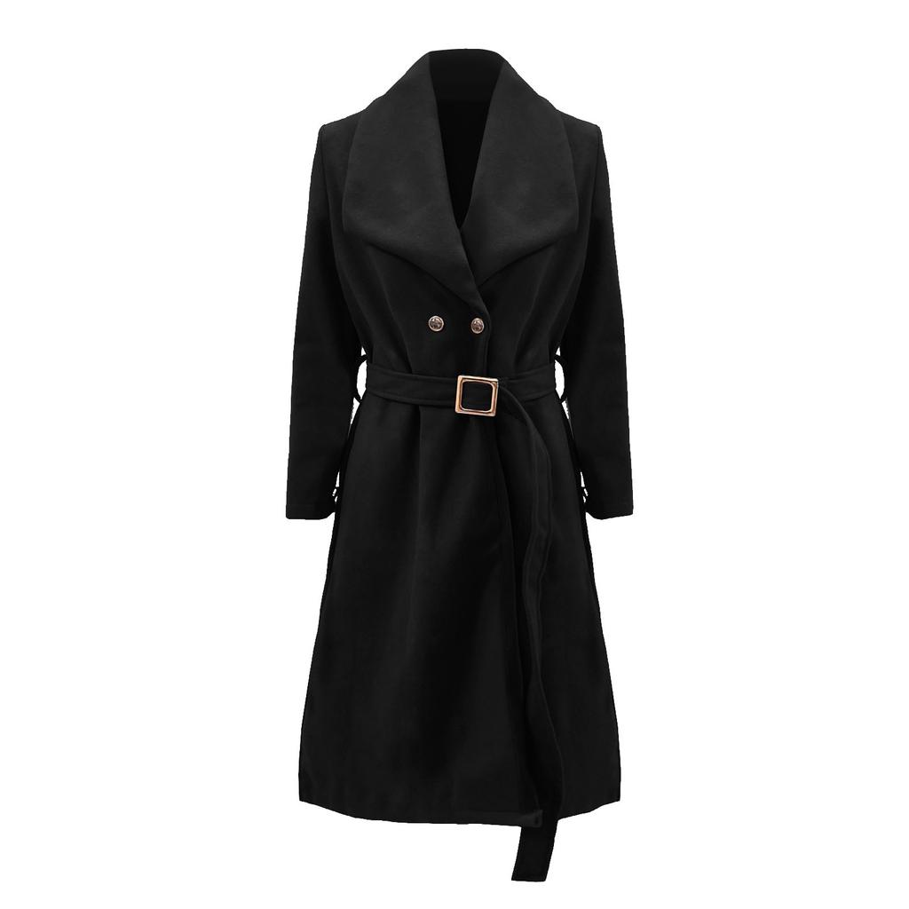 Women's Winter Long Sleeve Lapel Pocket Casual Coat Belt Woolen Coat