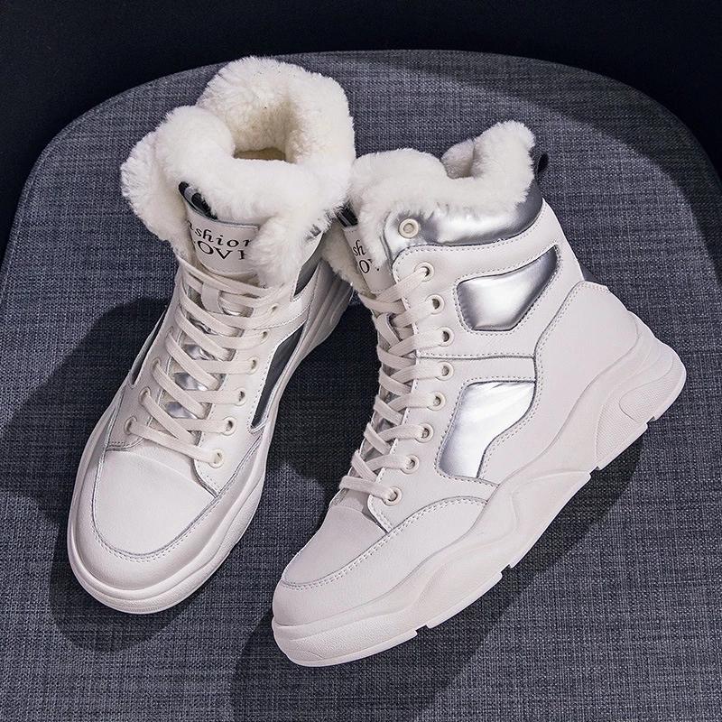 Women 's Winter Boots Black White Fur Boots Genuine Leather Ankle Booties Plush Warm Shoes Sneakers Snow Boots Plus Size 35-42