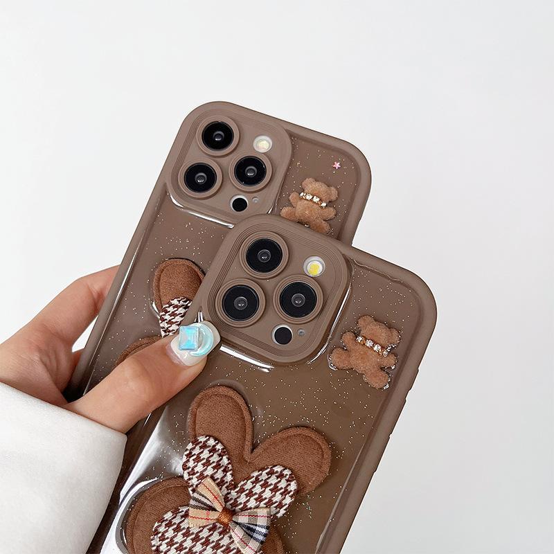 Чехол для мобильного телефона Wind Flash Powder Brown Rabbit для iPhone 16 Pro Max Медведь Яблоко 15 Всесторонний X Противоударный