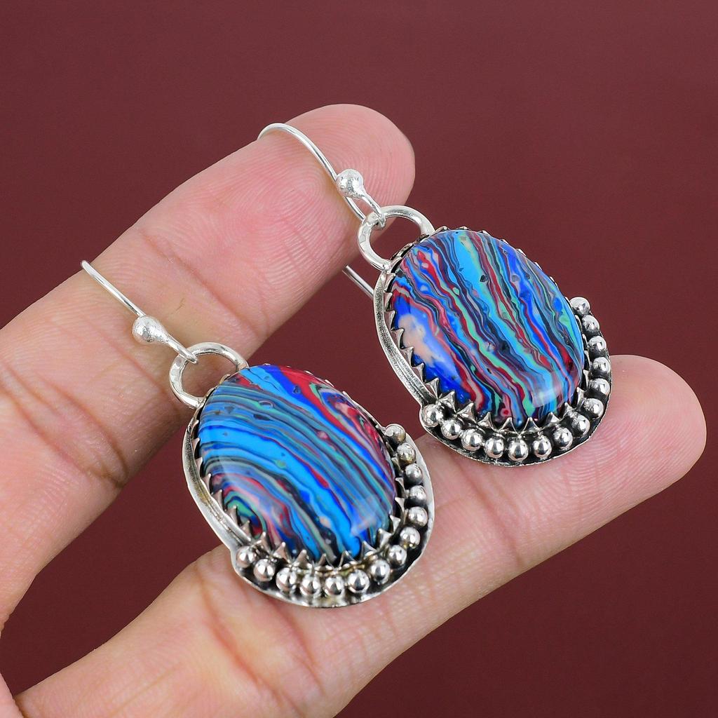 Rainbow Calsilica Gemstone Earring 925 Sterling Silver Earring Handmade Earrings Birthstone Jewelry Engagement Gifts Designer Silver Jewelry