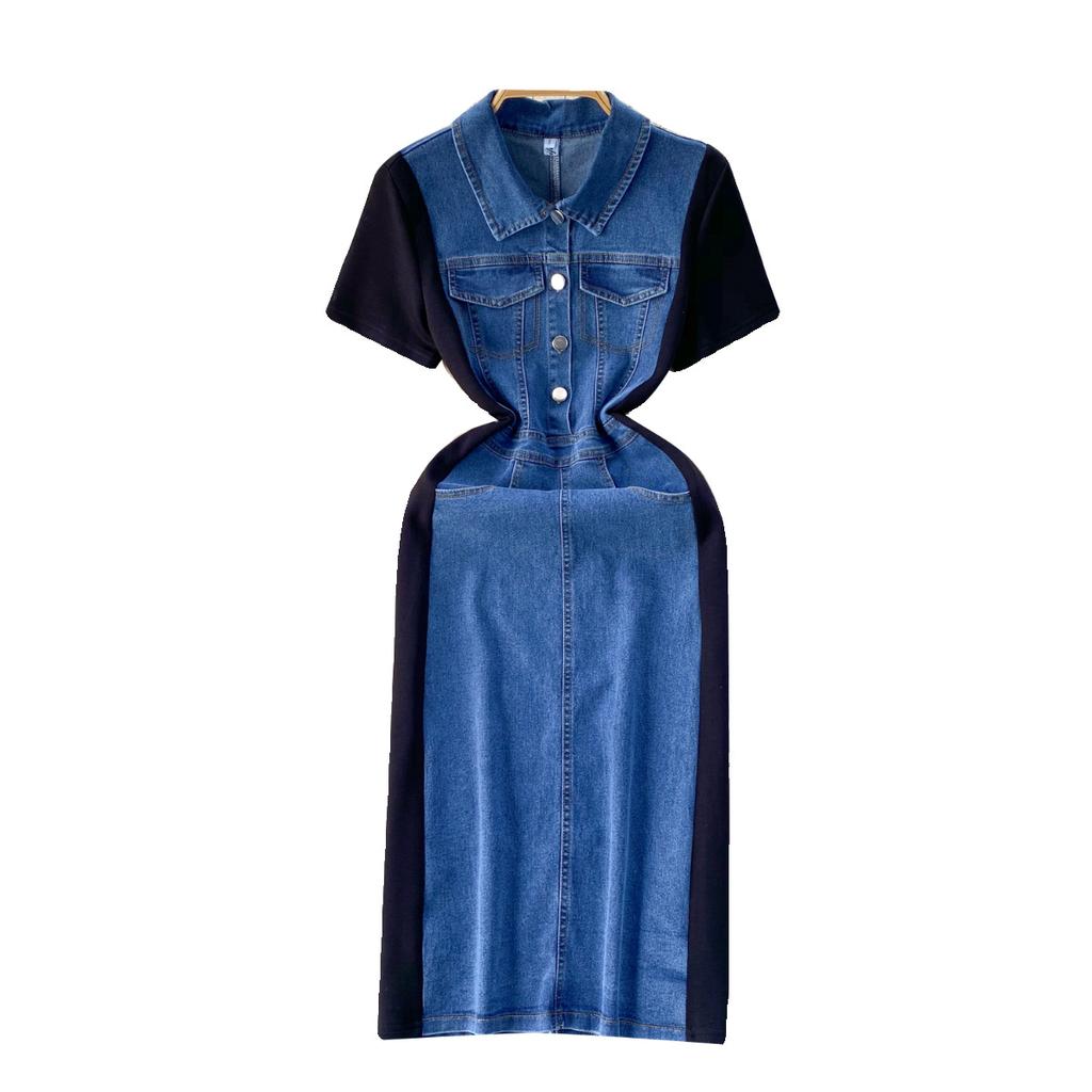 Темпераментные женские тонкие винтажные джинсовые платья средней длины с сочетанием цветов