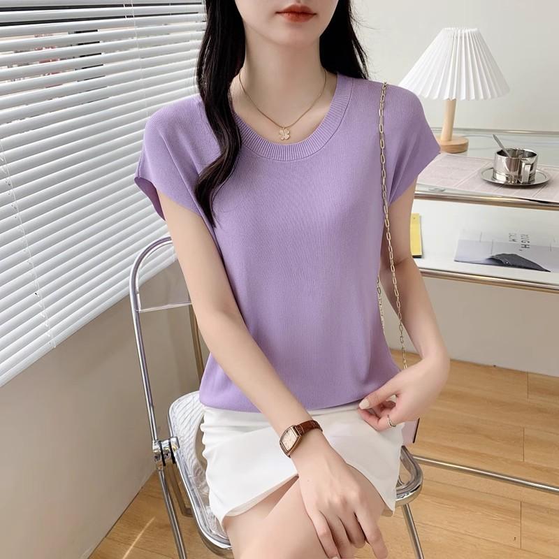 Летний повседневный тонкий свитер Женский с круглым вырезом, однотонный, эластичный, пуловер в стиле Харадзюку, женские топы с коротким рукавом, трикотаж, трендовые свитера