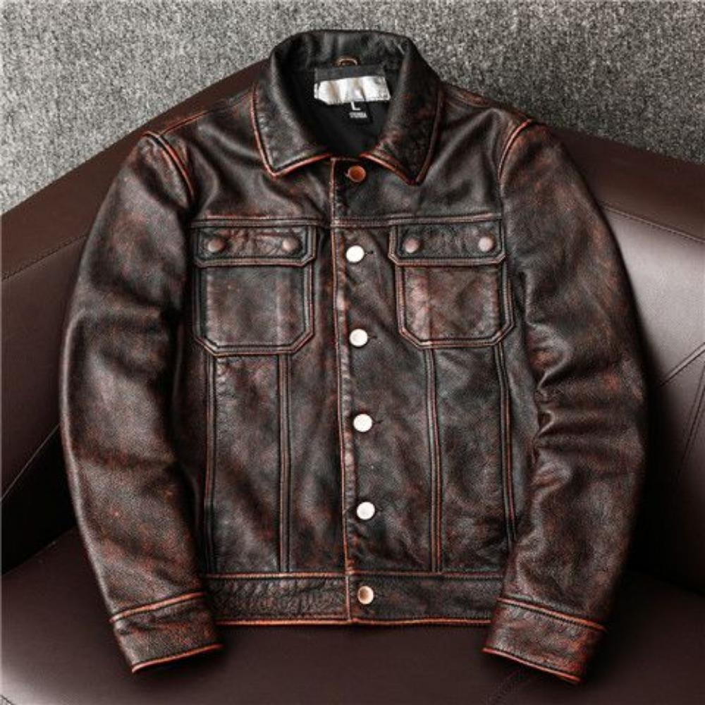 The First Layer of Cowhide Leather Jacket Men's Stone Grinding Retro Old Denim Leather Jacket Short Jacket