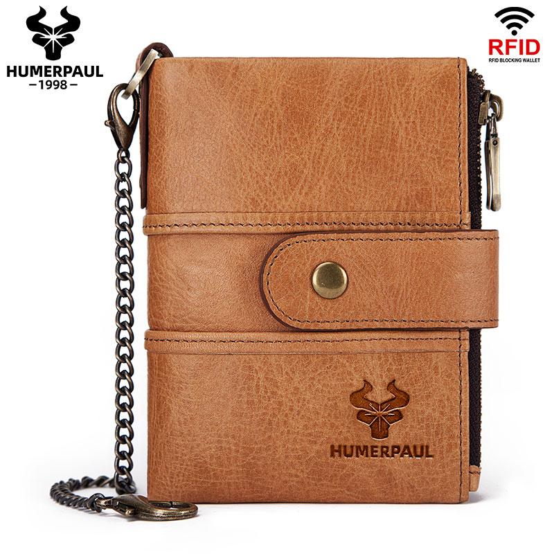 Humerpaul Мужские кошельки из натуральной кожи RFID, небольшой короткий держатель для карт с цепочкой для монет, мужская сумка для денег, качество