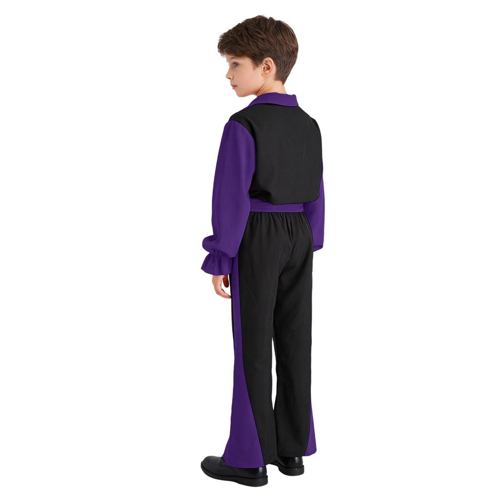Boys Flamenco Dance Outfit Color Block Turn Down Collar Long Puff Sleeve Pullover Shirt Elastic Waistband Pants Belt
