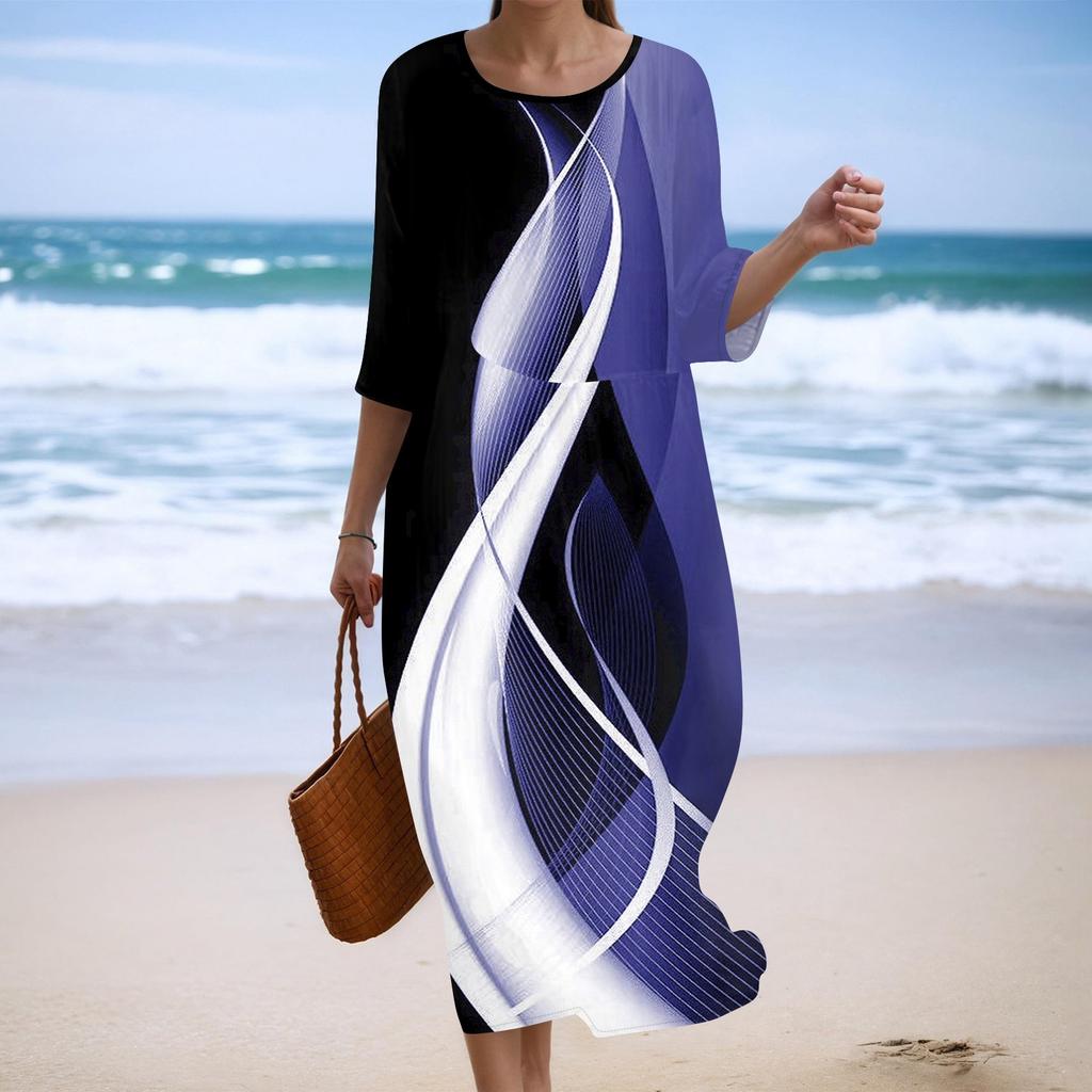 Женское модное платье свободного кроя с принтом, круглым вырезом и рукавом три четверти