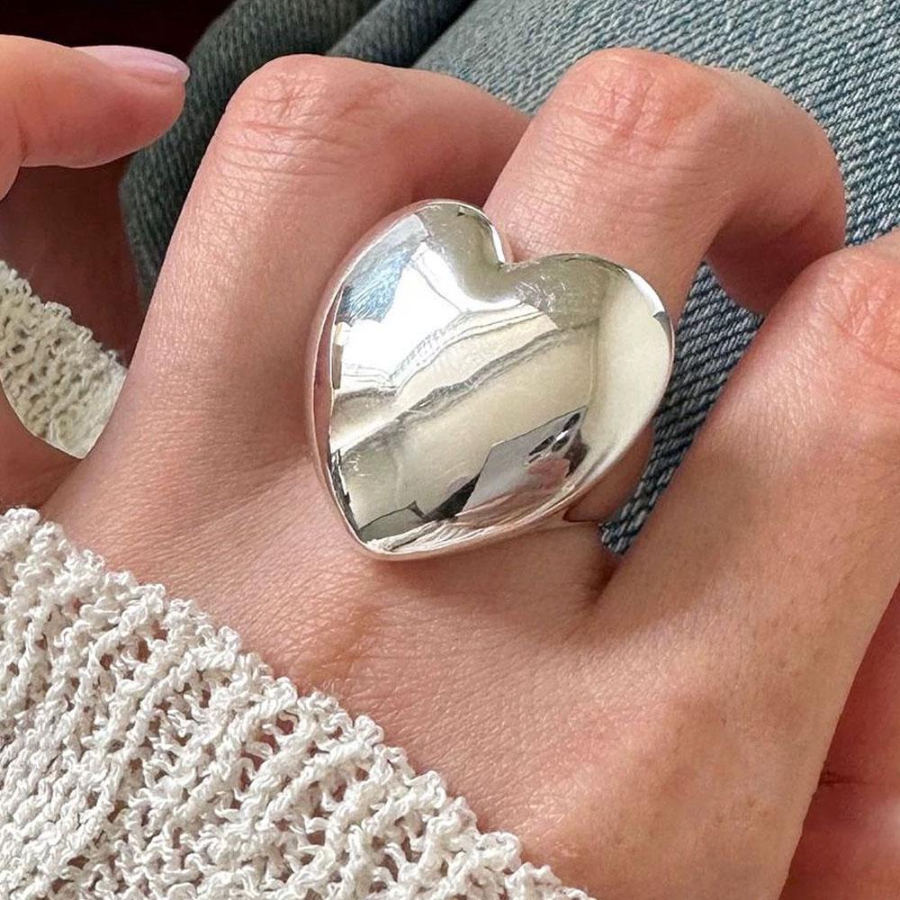 925 Sterling Silver Rings for Women Couple Minimalist Handmade Simple Wide Big Heart Ring Party Jewelry Gift Prevent Allergy