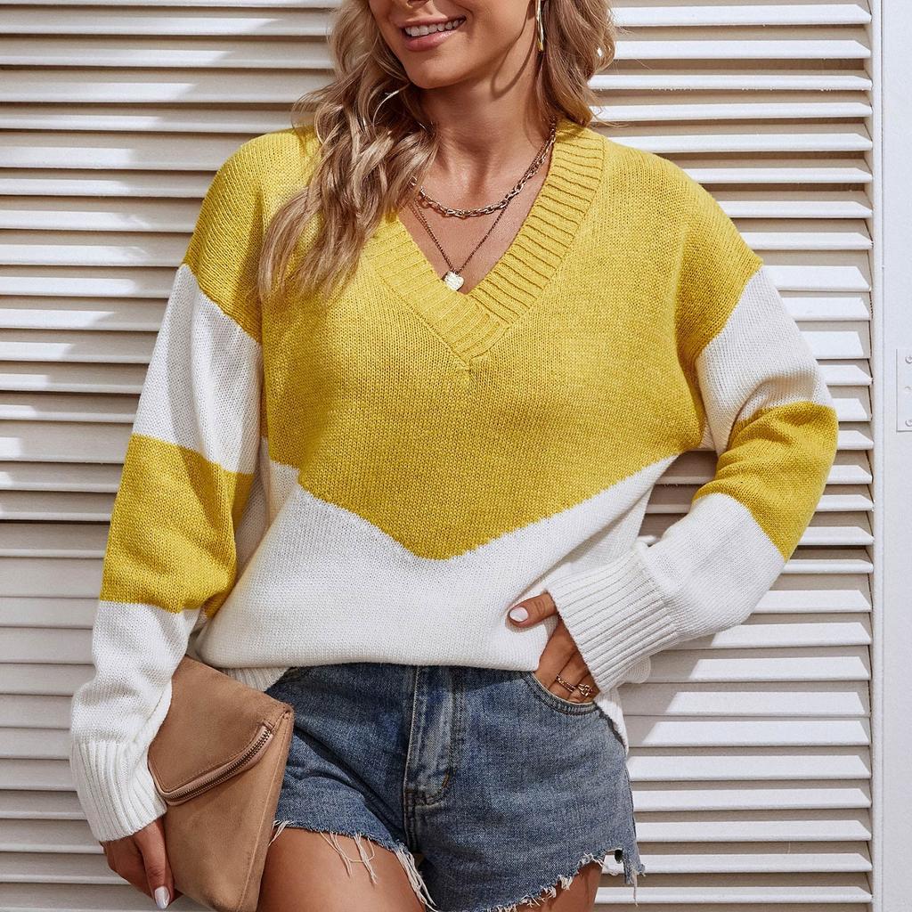 Women's Casual Fashion 2022 Long Sleeved Knitting Contrast Color Sweater Top