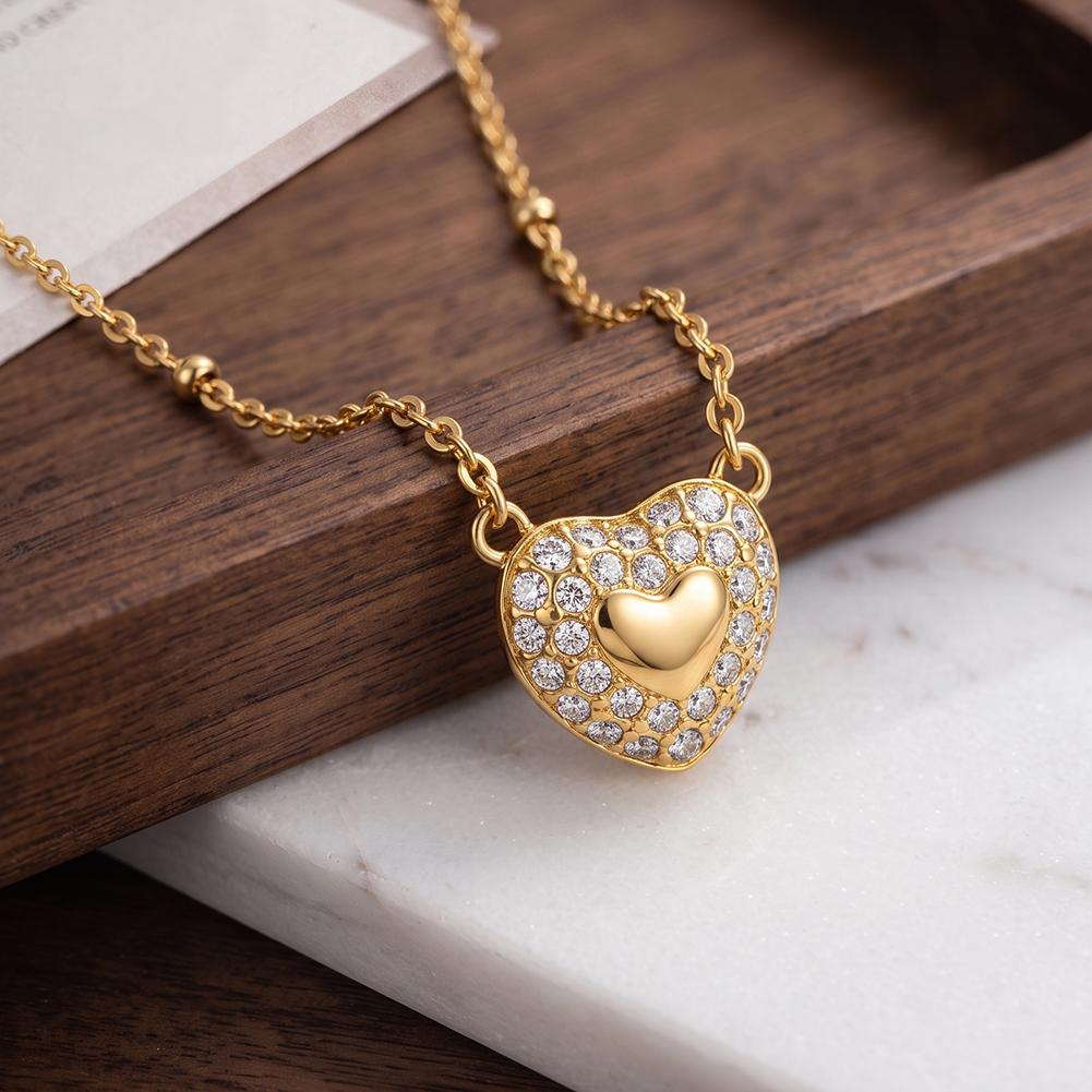 Sparkling Heart Pendant Necklace 316 Stainless Steel Gold Tone With 5A Zircon Rhinestones Adjustable Chain Women Necklaces