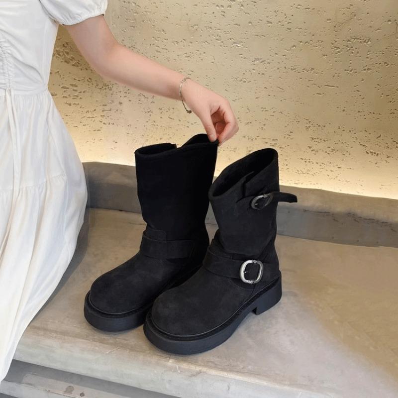 Fashion Fashion Belt Buckle Women's Boots Women's Round Toe Mid-Calf Boots New Low Heeled Knight Shoes 2024 Metal Buckle Non-slip Shoes