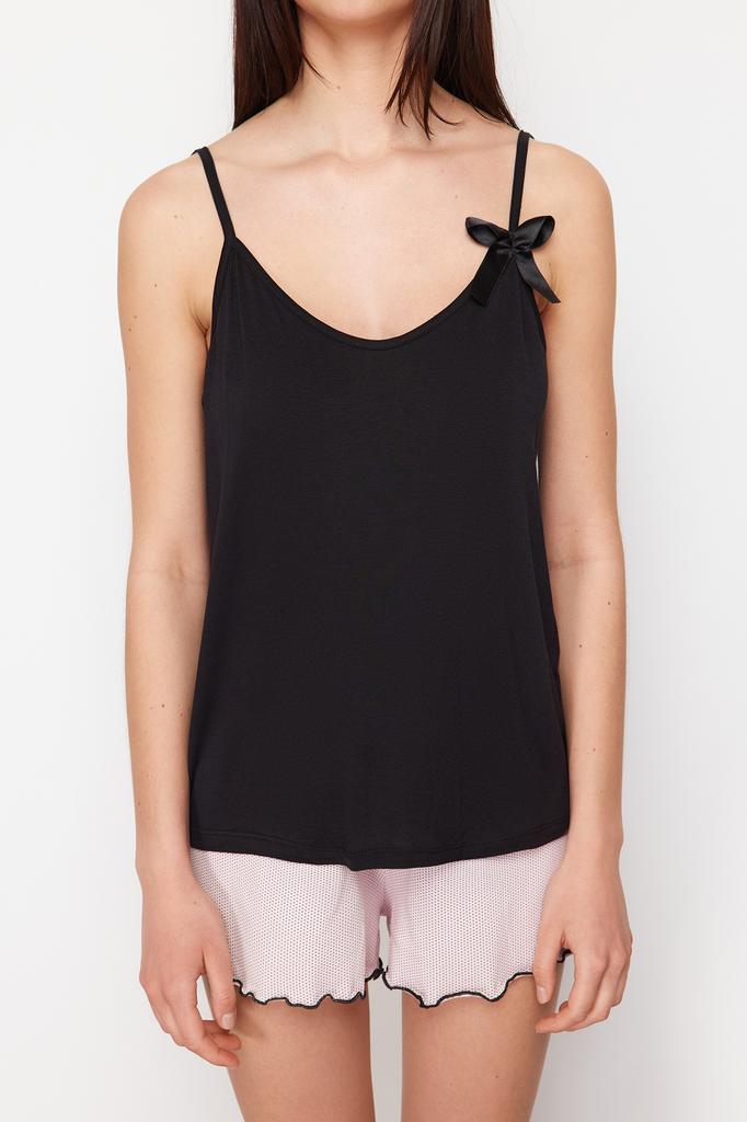 Women's Fashion New Pajama Set Black-Powder Polka Dot Ribbon Detailed Rope Strap Knitted Pajama Set