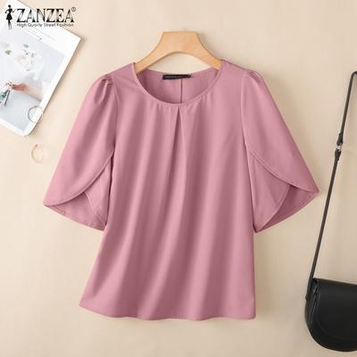 Женская повседневная однотонная блузка с круглым вырезом и коротким рукавом