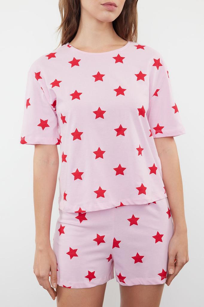 Women's Fashion Pink-Multicolored 100% Cotton Star Patterned T-shirt-Shorts Knitted Pajama Set