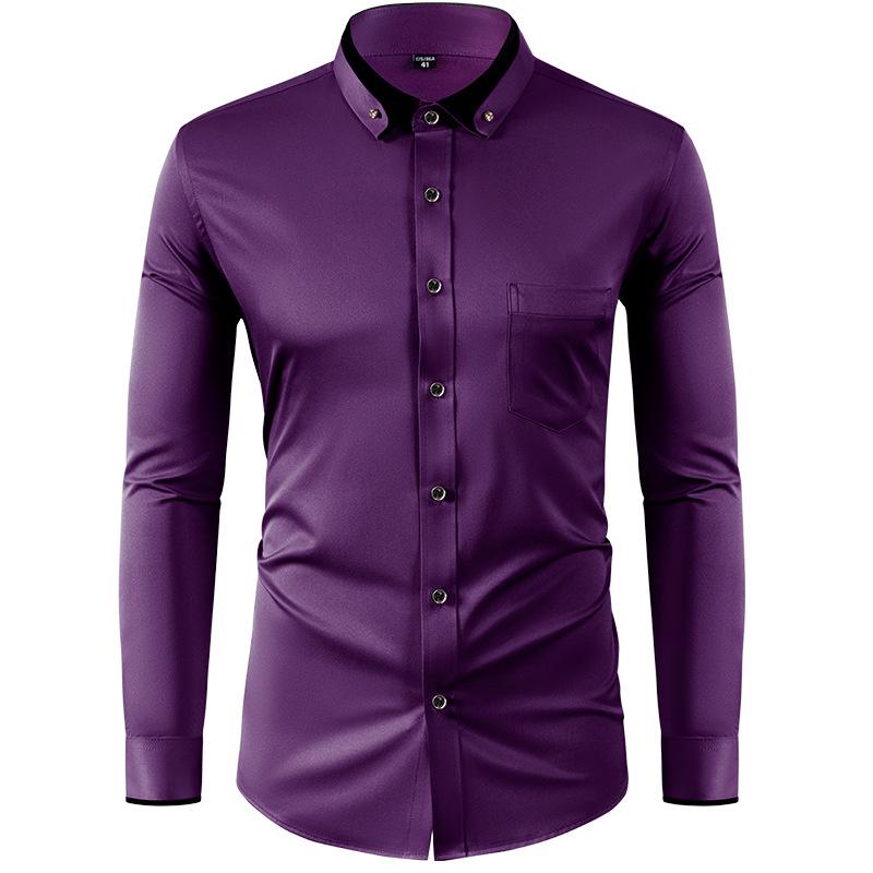 Four Sided Elastic Shirt for Men Color Blocked Diamond Button Lapel Shirt Casual No Iron Formal Wear Shirt