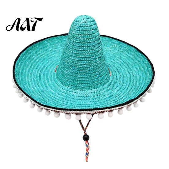 Bright Design Hat Mexican Sombrero with Colorful Poms, Hawaiian Style Woven Straw Sun Hat, Wide Brim Lightweight Party Costume for Summer Beach