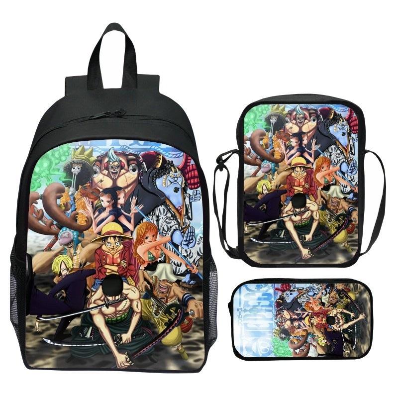 One Piece Printed 3-Piece Backpack Set Cartoon Pirate Navy Elementary School Bag Large Capacity Water-Resistant Kids Backpack