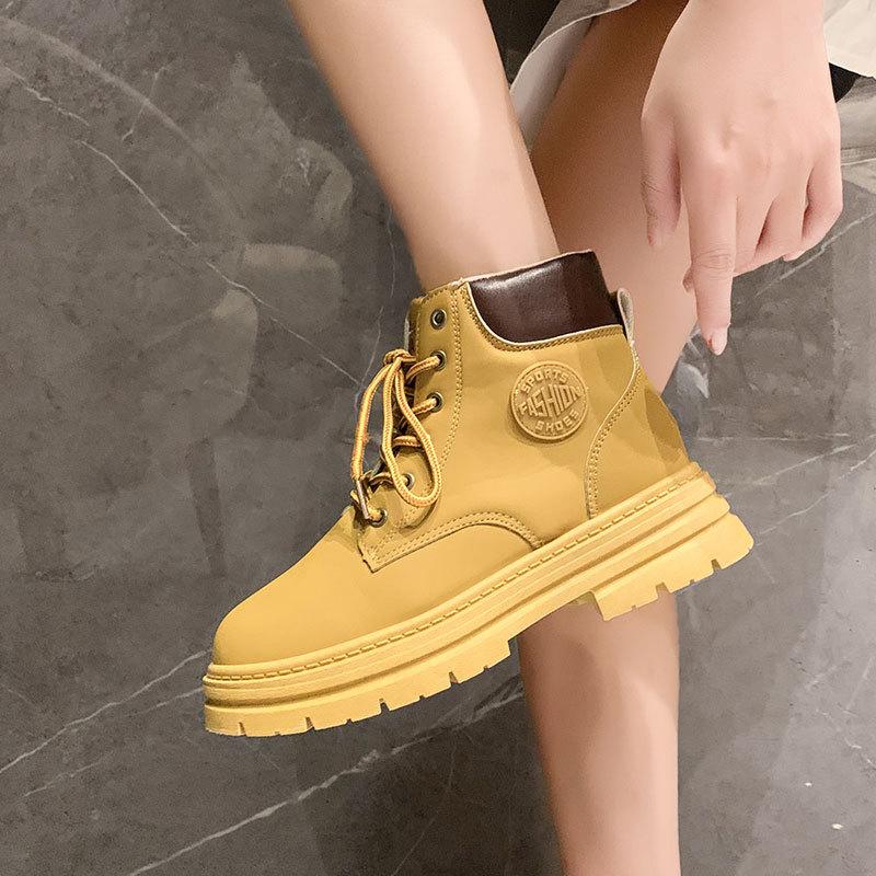 Ботинки Мартин новые осенние короткие ботинки с высоким берцем ботинки цвета ревеня желтые на толстой подошве британские горные ботинки