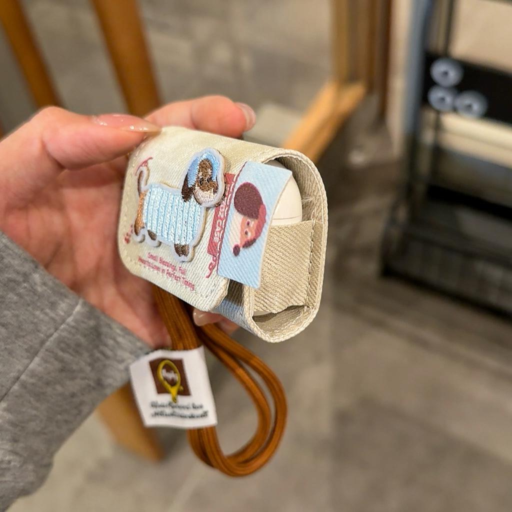Для AirPods 1 2 3 4 Pro 2 Pro 3 Чехол Мультяшная Вышивка Такса Собака Джинсовый Узор Чехол для Наушников Чехол Кожаный с Ремешком