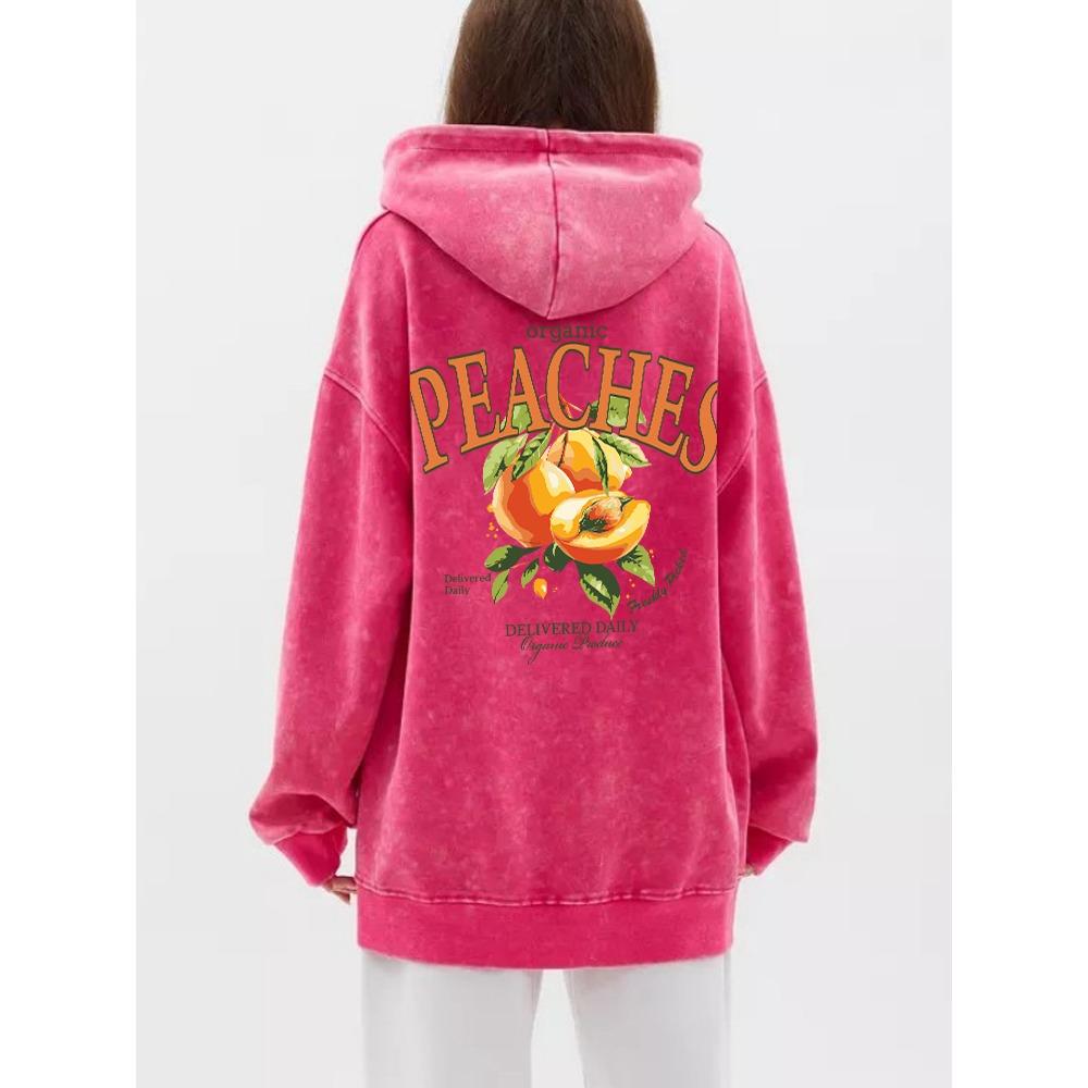 Cotton Woman Washed Hoodies Fresh Peaches Delivered Daily Printed Streetwear Oversize Pocket Warm Pullover Clothes